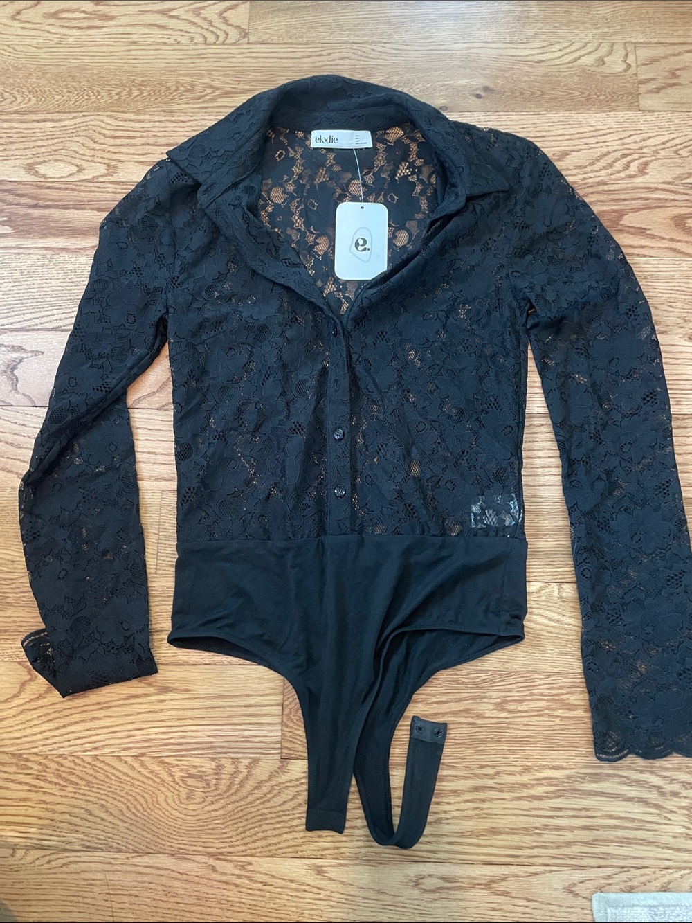 Elodie Black Sheer Lace Button-Front Bodysuit